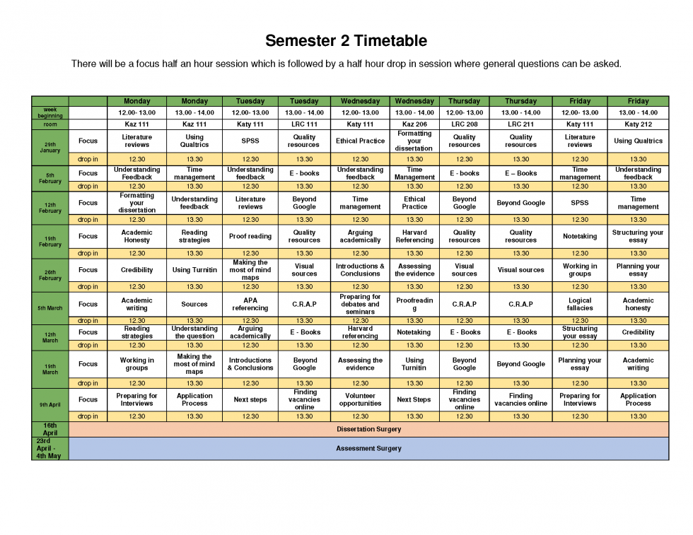 Study Excellence Sem 2 2017-18 Timetable